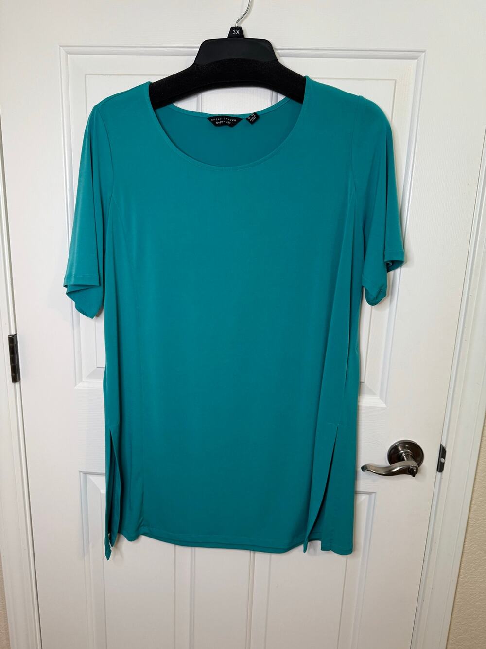 Susan Graver Short Sleeve Every Day Liquid Knit Tunic Top Teal Green Plus 1X